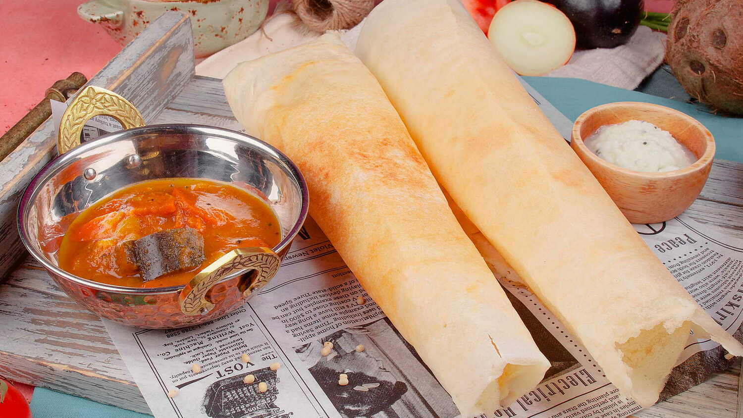 Индийская Доша с овощной и кокосовой чатни Индийская Доша с овощной и кокосовой чатни